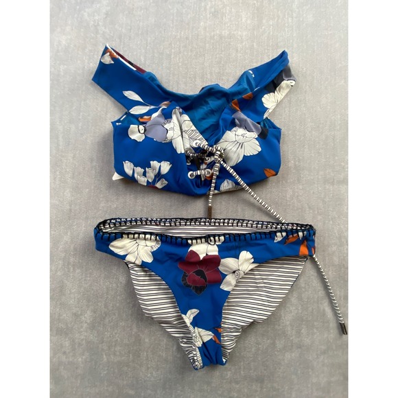 Red Carter Other - Red Carter Blue Floral Striped Reversible Bikini Set Off Shoulder Lace Up Two Pc